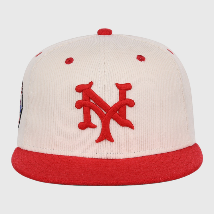 The EFF New York Cubans NLB Ground Rule Double Fitted Ballcap features a cream color, red brim, and bold 3D embroidered NY logo for a vintage Negro League look.
