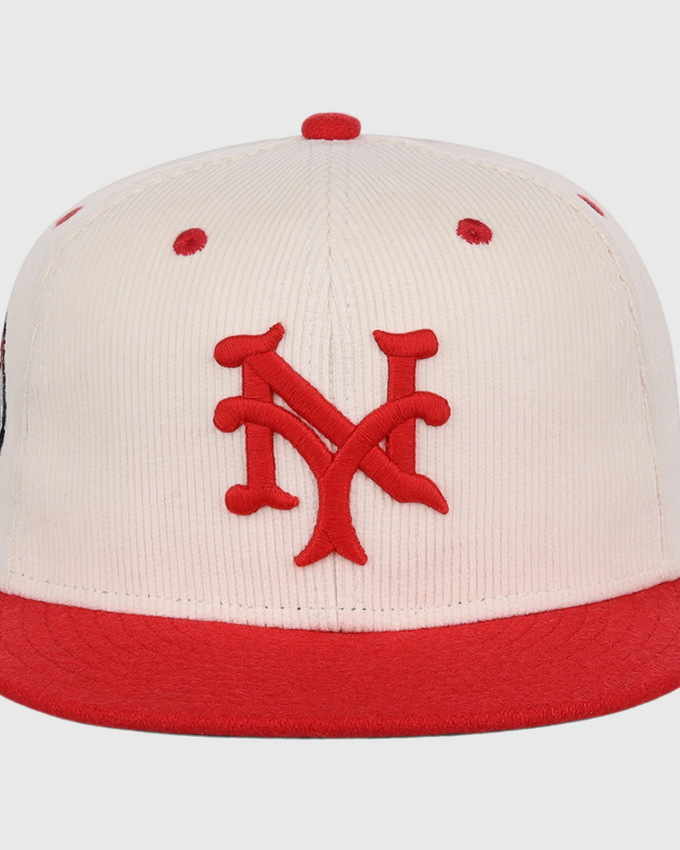 The EFF New York Cubans NLB Ground Rule Double Fitted Ballcap features a cream color, red brim, and bold 3D embroidered NY logo for a vintage Negro League look.