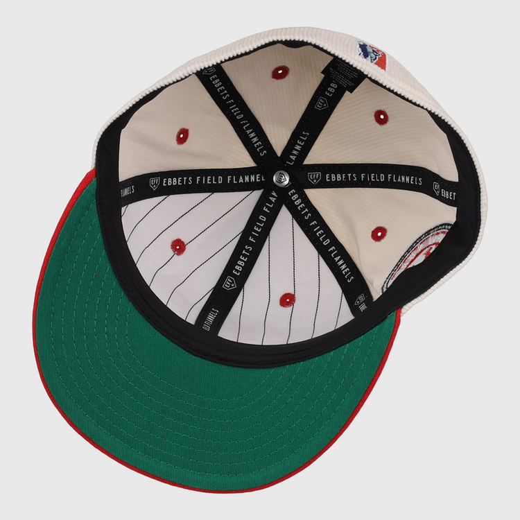 The underside of the EFF New York Cubans NLB Ground Rule Double Fitted Ballcap features a green brim, cream pinstriped interior, red stitched vents, and black EFF taping—honoring the Negro National League’s legacy.