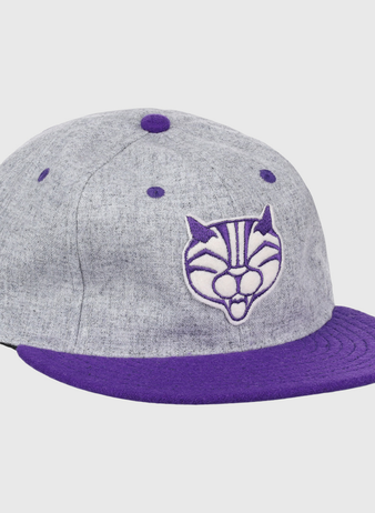 The EFF Northwestern University Mascot Vintage Ballcap - Gray features a purple brim and button with a stylized purple and white Wildcat logo—perfect for college sports mascot fans.