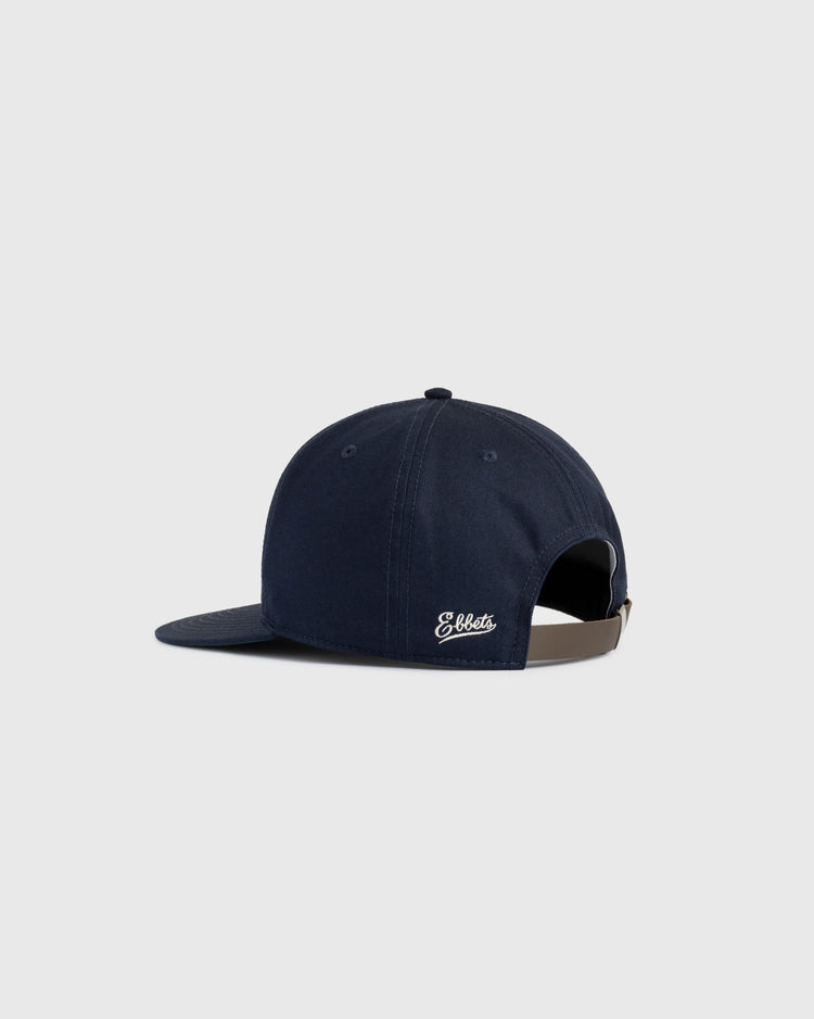 Ebbets Field New York Black Yankees Felt NY Cotton Twill Ballcap in navy, shown from the back with an adjustable brown strap and white embroidered “Ebbets” logo; inspired by classic Negro Leagues designs.