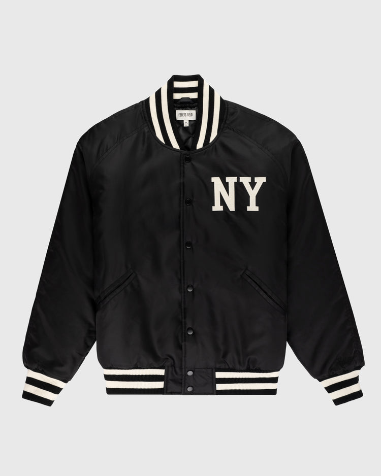 The Ebbets Field New York Black Yankees Satin Varsity Jacket features black satin, white-striped trim, a bold NY patch inspired by the NY Black Yankees, snap buttons, and diagonal pockets—a timeless tribute to Negro Leagues Baseball Museum style.