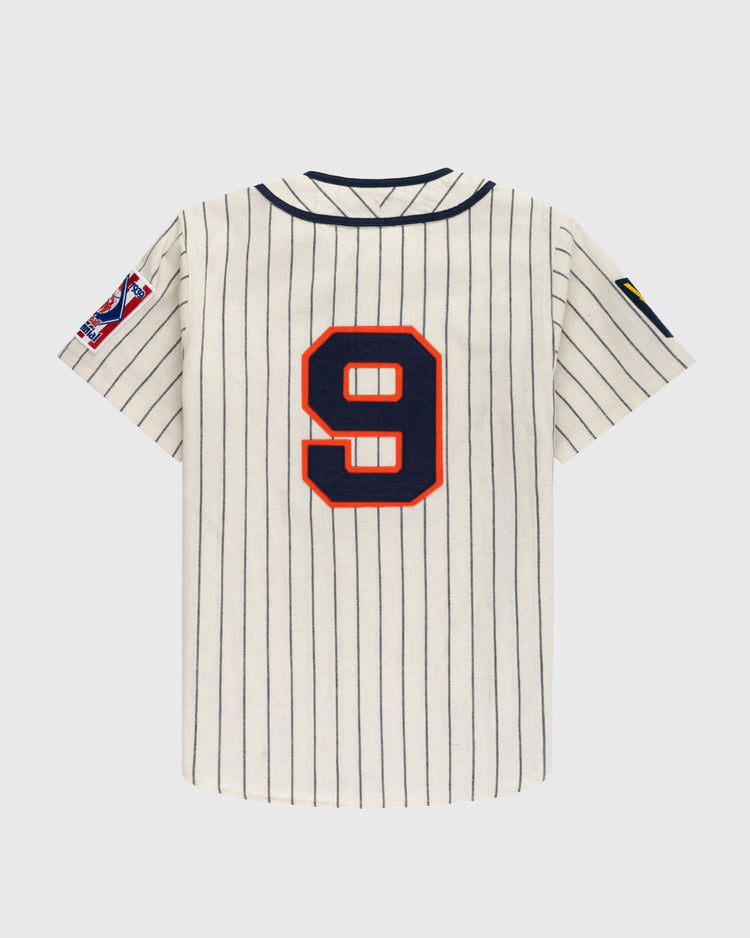 The Ebbets Field New York Knights 1939 Authentic Wool Home Baseball Jersey from The Natural features thin black pinstripes, a bold red and black number 9 on the back, and sleeve patches—mirroring the film’s iconic design.