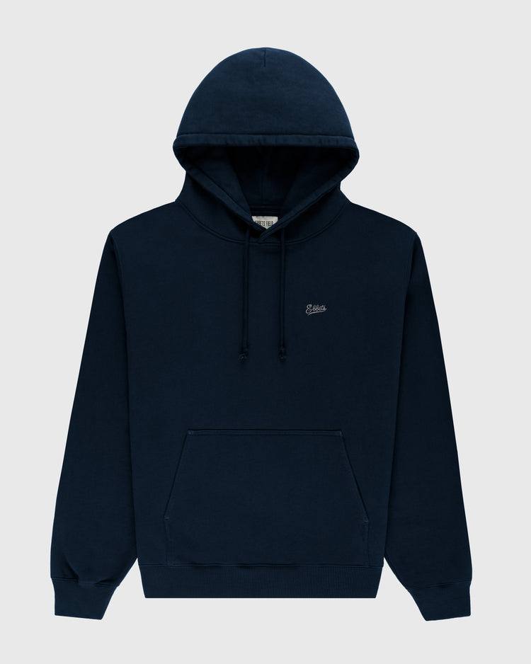 The Ebbets Field Flannels Ebbets Chest Logo Heavyweight Cotton Terry Pullover Hoodie in navy features a vintage-inspired design, front pocket, drawstrings, and a small embroidered left chest logo, shown on a plain light gray background.