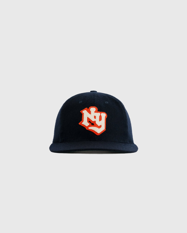 The EFF New York Knights 1939 Authentic Wool Ballcap from The Natural features a vintage navy design with a bold orange and white NY logo, shown against a light gray background.