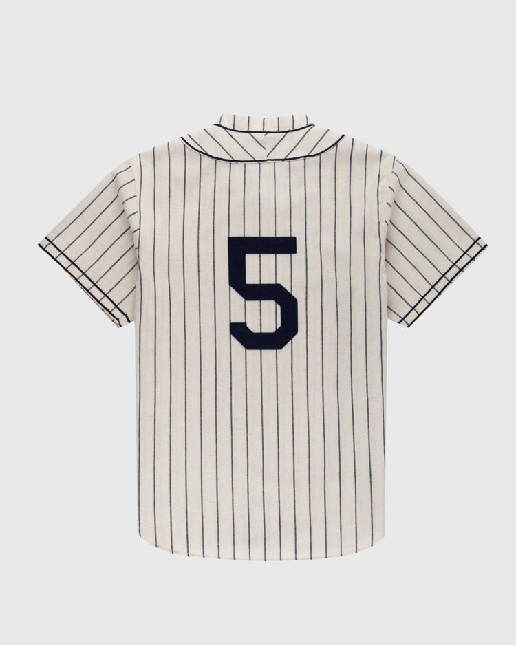 The Ebbets Field New York Black Yankees 1935 Authentic Wool Home Baseball Jersey features a vintage white design with thin black pinstripes and a bold black number 5, inspired by classic Negro Leagues style.