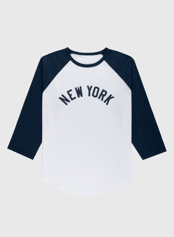 The Ebbets Field New York Black Yankees Vintage Baseball Tee features black 3/4 raglan sleeves, a white body, and “NEW YORK” arched on the chest, inspired by the Negro National League team.
