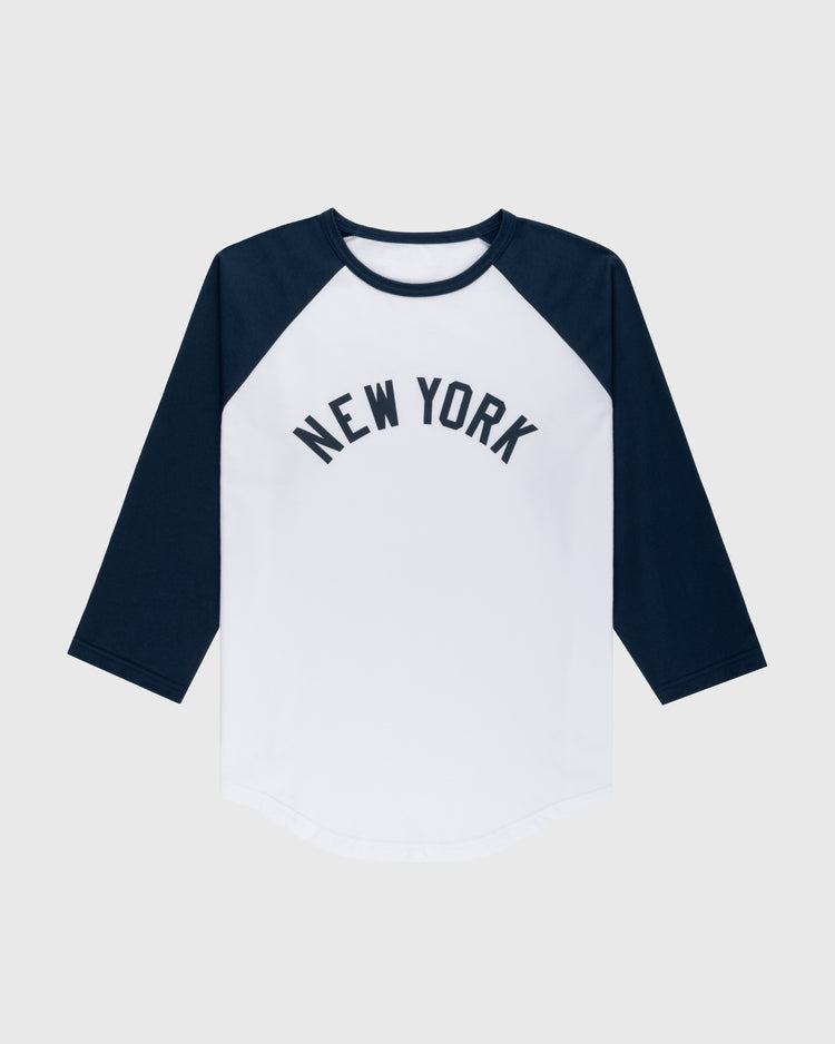 The Ebbets Field New York Black Yankees Vintage Baseball Tee features black 3/4 raglan sleeves, a white body, and “NEW YORK” arched on the chest, inspired by the Negro National League team.
