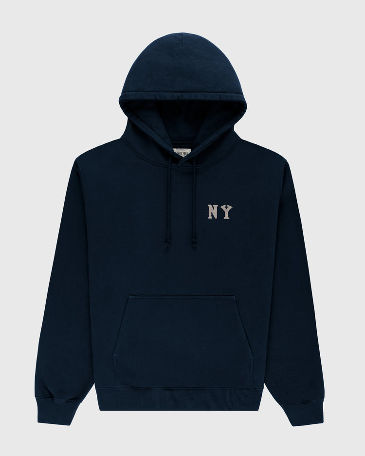 The Ebbets Field New York Black Yankees Embroidered NY Heavyweight Cotton Terry Pullover Hoodie features a navy design with a front pocket, drawstrings, and bold light NY on the chest, inspired by classic Negro Leagues apparel.
