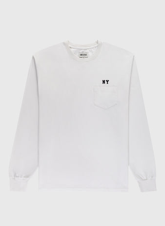 The Ebbets Field New York Black Yankees Embroidered NY Long Sleeve Pocket Tee is a plain white tee with a left chest pocket and small black NY letters above it, inspired by the original Black Yankees logo. Shirt shown laid flat on a white background.