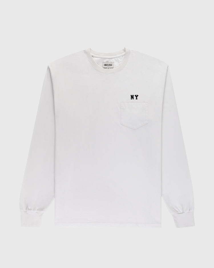 The Ebbets Field New York Black Yankees Embroidered NY Long Sleeve Pocket Tee is a plain white tee with a left chest pocket and small black NY letters above it, inspired by the original Black Yankees logo. Shirt shown laid flat on a white background.