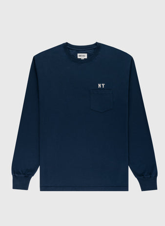 The Ebbets Field New York Black Yankees Embroidered NY Long Sleeve Pocket Tee features navy fabric, a left chest pocket, and small white NY lettering above the pocket, shown against a plain light background.