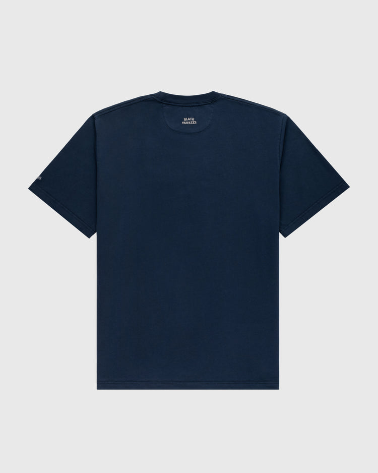 The Ebbets Field New York Black Yankees Embroidered NY Short Sleeve Tee, inspired by vintage baseball style, is shown from the back on a light gray background.