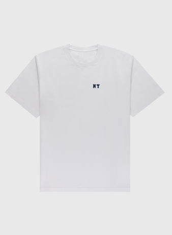The Ebbets Field New York Black Yankees Embroidered NY Short Sleeve Tee features a plain white design with a small, dark NY emblem on the left chest, honoring the Black Yankees, displayed on a light gray background.