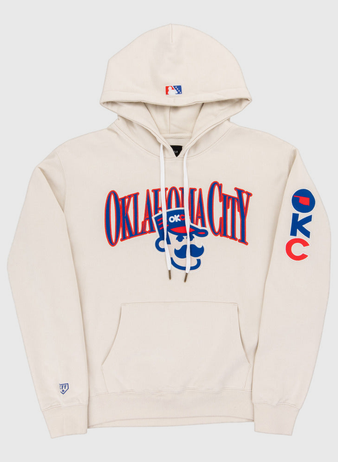 The Ebbets Field Oklahoma City 89Ers MiLB Cotton Hooded Sweatshirt is a cream hoodie with a front pocket, 