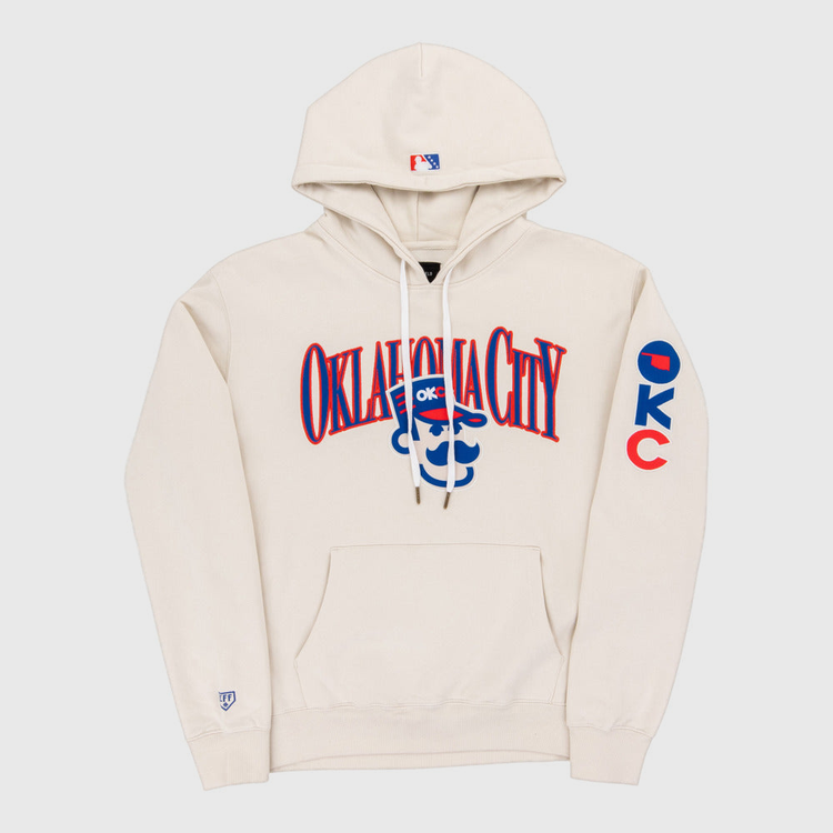 The Ebbets Field Oklahoma City 89Ers MiLB Cotton Hooded Sweatshirt is a cream hoodie with a front pocket, 
