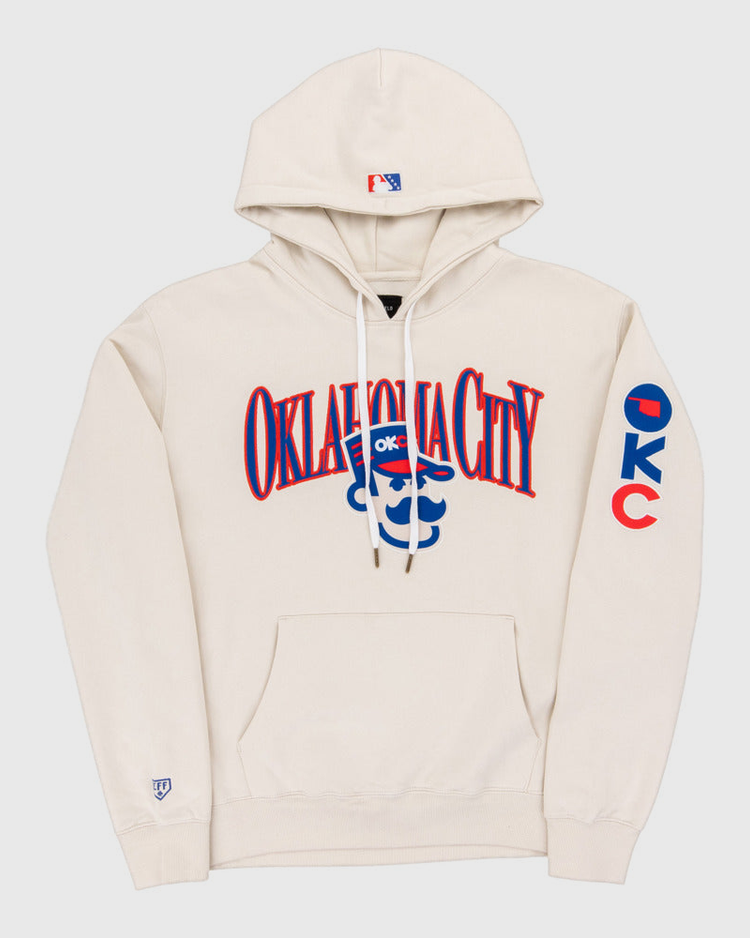 The Ebbets Field Oklahoma City 89Ers MiLB Cotton Hooded Sweatshirt is a cream hoodie with a front pocket, 
