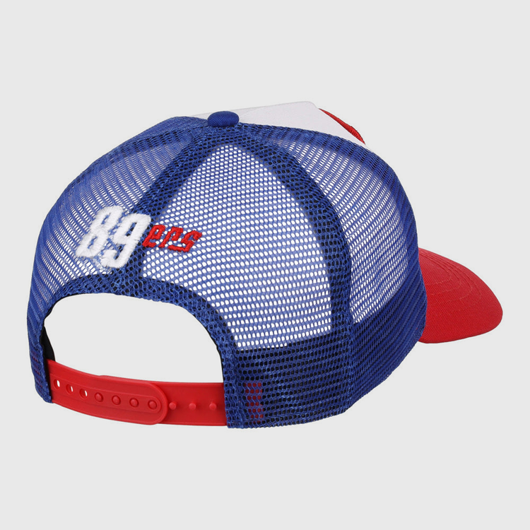 The Ebbets Field Oklahoma City 89Ers MiLB Trucker Ballcap is a blue mesh hat with a red brim and adjustable red snapback, featuring 