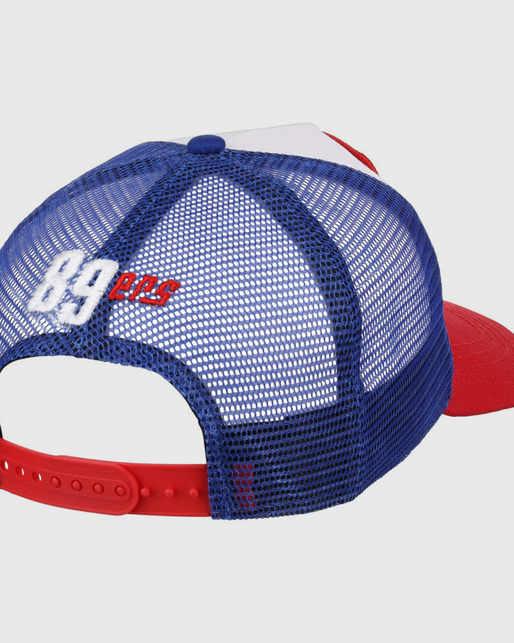 The Ebbets Field Oklahoma City 89Ers MiLB Trucker Ballcap is a blue mesh hat with a red brim and adjustable red snapback, featuring 