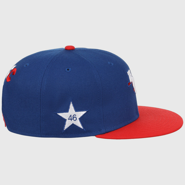 The Ebbets Field Oklahoma City Dodgers MiLB Two Tone Snapback Ballcap is blue with a red brim and features a white star with the number 46 on the side.
