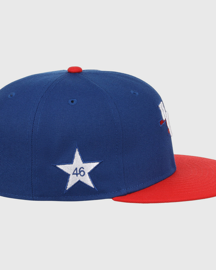 The Ebbets Field Oklahoma City Dodgers MiLB Two Tone Snapback Ballcap is blue with a red brim and features a white star with the number 46 on the side.