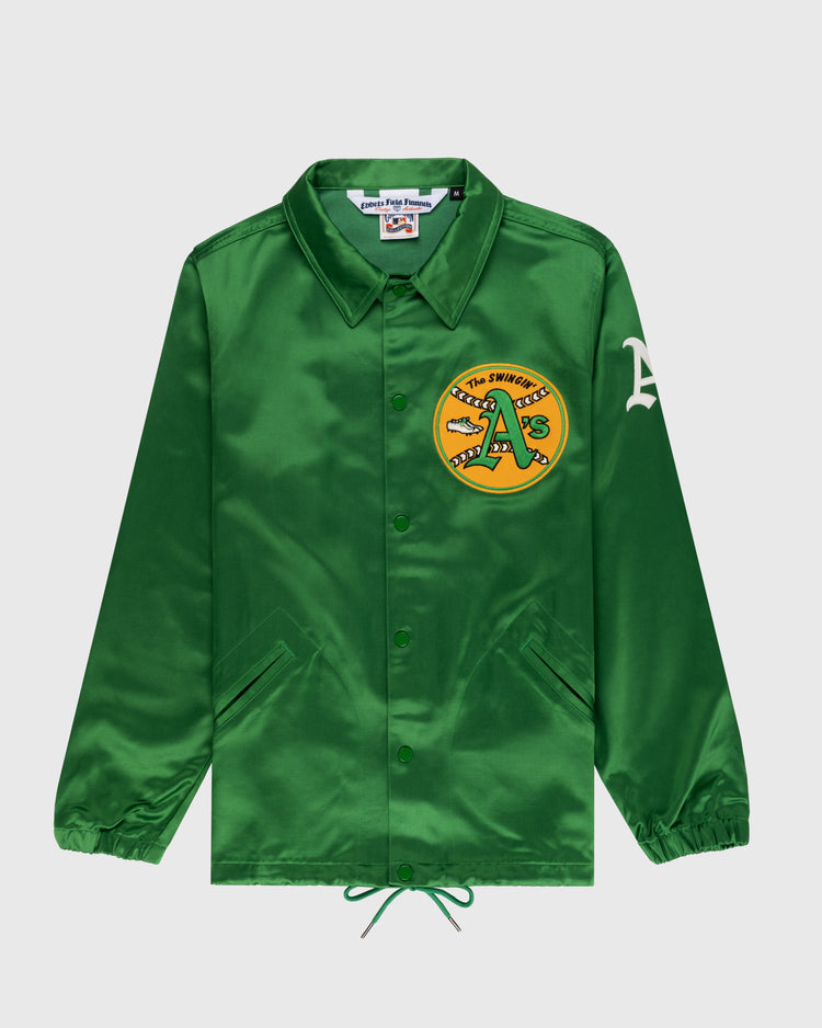 The EFF Oakland Athletics 1971 Authentic Satin Windbreaker Jacket is a green button-up with long sleeves, collar, elastic cuffs, front pockets, an Oakland As chest logo patch, and a white A on the left sleeve.