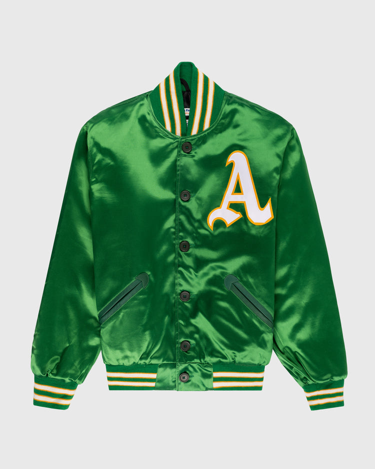 The EFF Oakland Athletics 1968 Authentic All Satin Varsity Jacket features shiny green satin, yellow and white striped trim, and a large yellow and white A patch—an authentic reproduction of the iconic original.