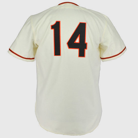 The EFF Pauls Valley Raiders 1954 Home Jersey is a white baseball jersey with red and black trim, featuring large black and red-outlined number 14 on the back—an authentic tribute to the Sooner State League team.