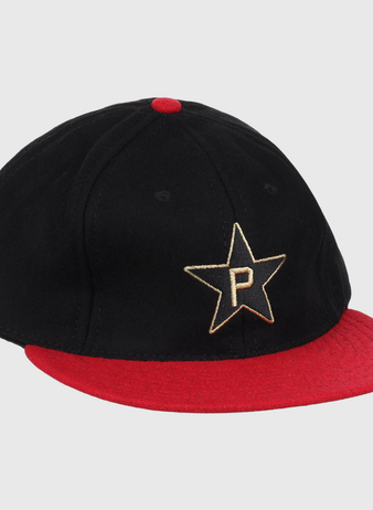 The EFF Philadelphia Stars Gilded Collection Ballcap features a black crown, red brim and button, and a gold embroidered star with a ‘P’ logo, honoring the Negro National League legacy.
