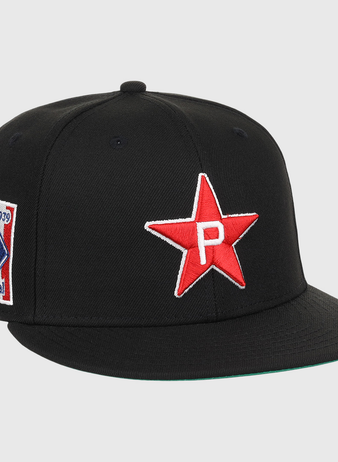 The EFF Philadelphia Stars NLB Team Color Fitted Ballcap features a black design with an embroidered white P Star logo and a colorful 1939 Baseball Centennial patch honoring the Negro National League.