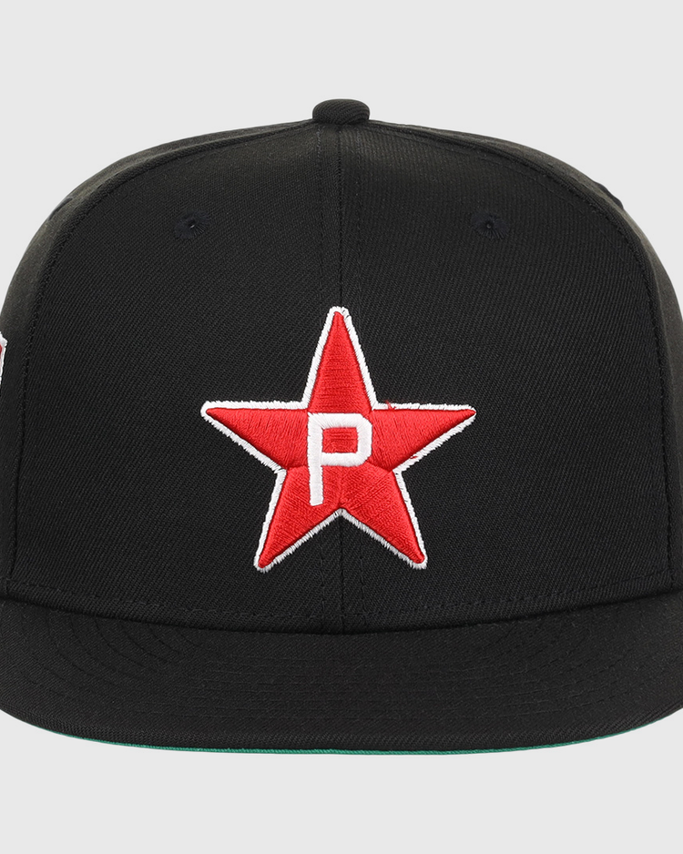 The EFF Philadelphia Stars NLB Team Color Fitted Ballcap features a black design with an embroidered white P star logo, inspired by vintage Negro National League style and celebrating the teams historic legacy.