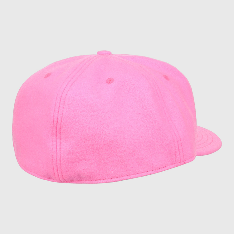 The EFF Pink Wool Vintage Ballcap, made in the USA, is shown from the back with a rounded crown, visible stitching, no adjustable strap or logo—showcasing classic craftsmanship.