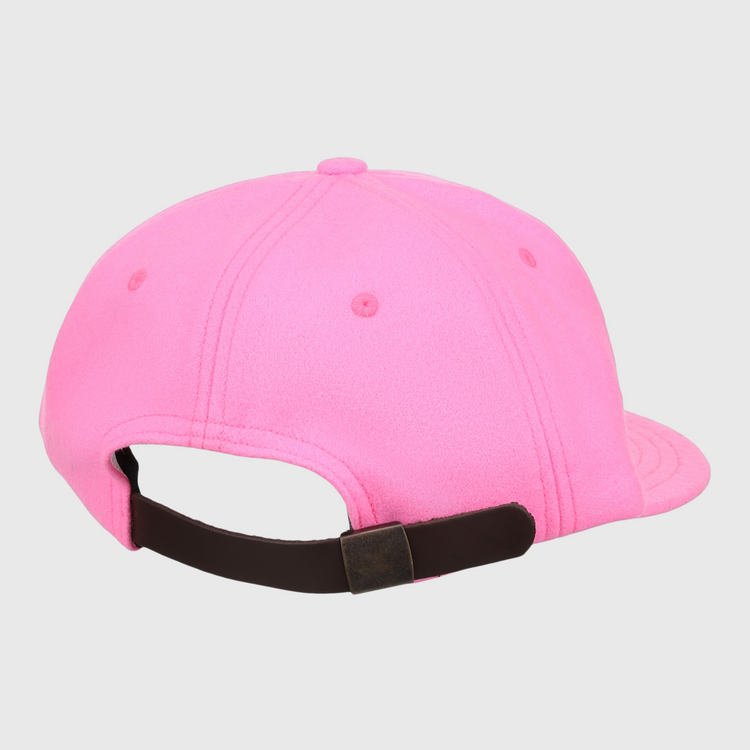 The EFF Pink Wool Vintage Ballcap, inspired by classic Ebbets caps, is shown from the back with a brown adjustable strap and metal clasp. Proudly made in the USA.