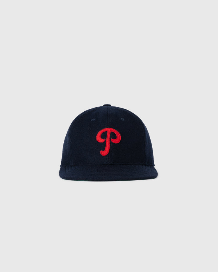 The EFF Philadelphia Stars 1940 Authentic Wool Softbrim Ballcap, in navy with a red P on the front, is displayed against a plain light gray background.