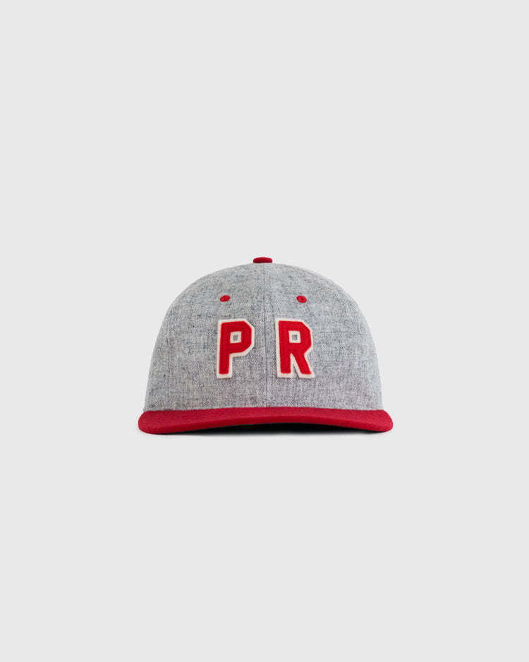 The EFF Puerto Rico All-Star Team 1939 Authentic Wool Ballcap is a gray cap with red accents and bold red-and-white “PR” letters on the front, inspired by the original team’s classic design, shown on a plain light background.