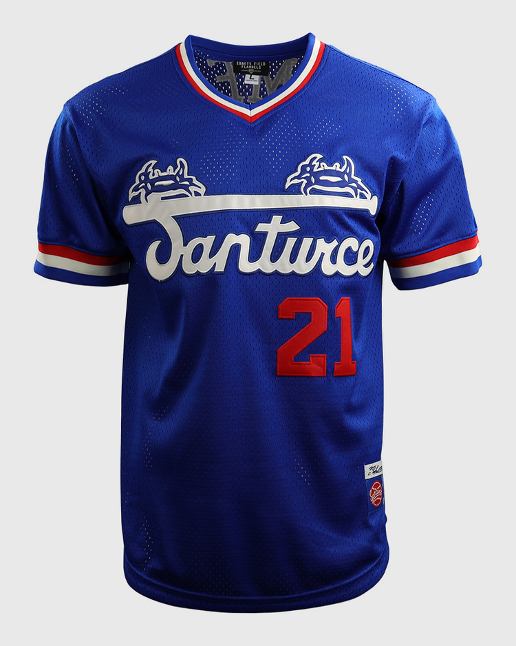 The EFF Roberto Clemente Santurce Cangrejeros Vintage Inspired NL Replica V-Neck Mesh Jersey in royal features white/red trim, Santurce script, two crab graphics, and #21—honoring the legend.