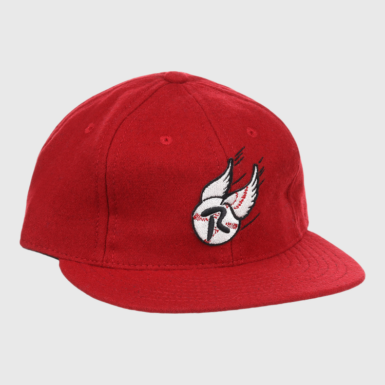 The Rochester Red Wings Letterhead Wool Vintage Ballcap by EFF features an embroidered white bird with outstretched wings over a baseball on the front, capturing classic minor league style.