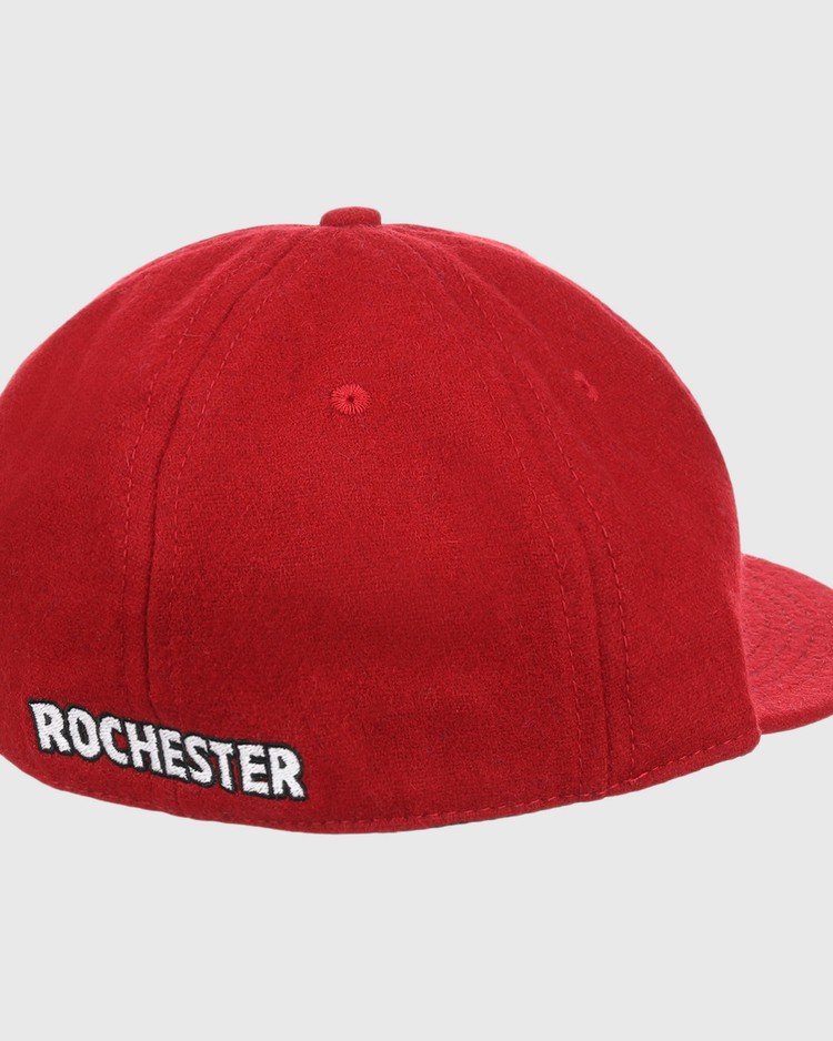 A red Rochester Red Wings Letterhead Wool Vintage Ballcap by EFF, viewed from the back with ROCHESTER embroidered in white on the lower edge, evoking a classic minor league baseball style.