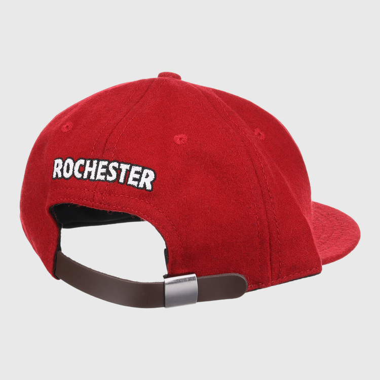 The EFF Rochester Red Wings Letterhead Wool Vintage Ballcap features ROCHESTER embroidered in white above an adjustable brown strap with a silver buckle, giving the hat a classic look from the back.