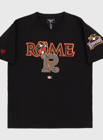 The Ebbets Field Rome Emperors MiLB Fashion Cotton Short Sleeve Tee is a black shirt with bold ROME text, a bear head, a large 