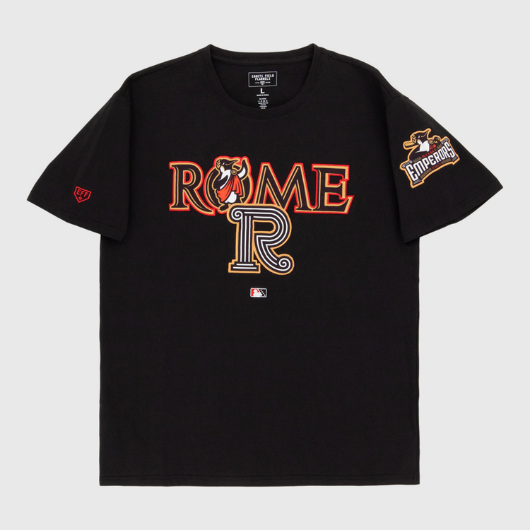 The Ebbets Field Rome Emperors MiLB Fashion Cotton Short Sleeve Tee is a black shirt with bold ROME text, a bear head, a large 
