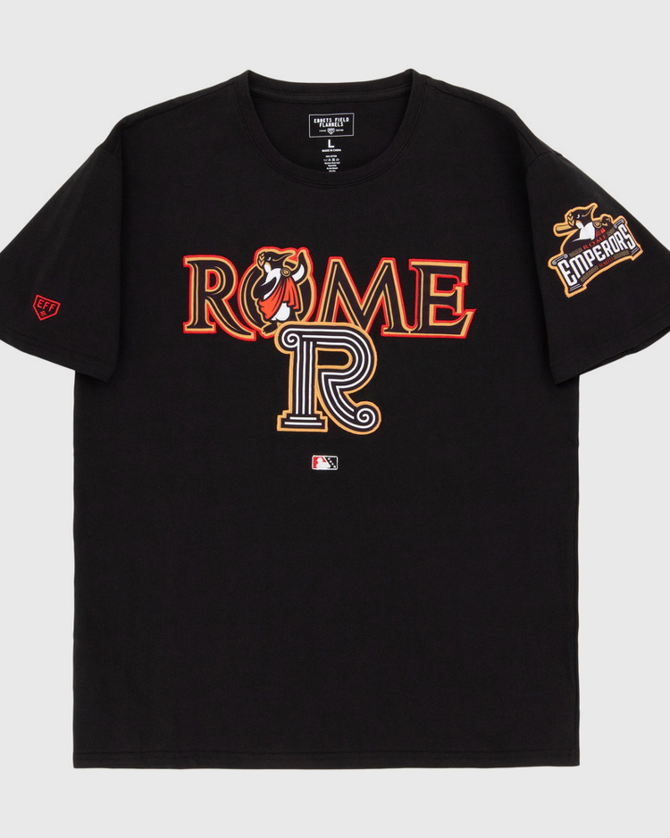 The Ebbets Field Rome Emperors MiLB Fashion Cotton Short Sleeve Tee is a black shirt with bold ROME text, a bear head, a large 
