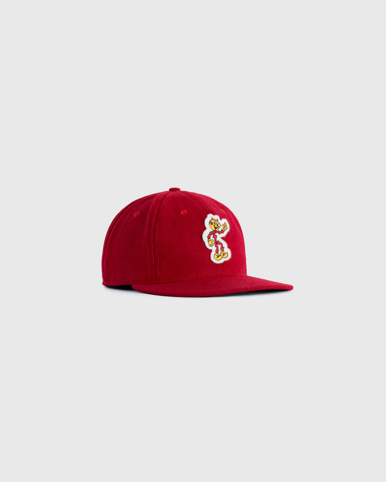 The EFF Reddy Kilowatt 1940 Authentic Wool Ballcap is a red cap with an embroidered vintage-style mascot on the front, shown against a plain light gray background.