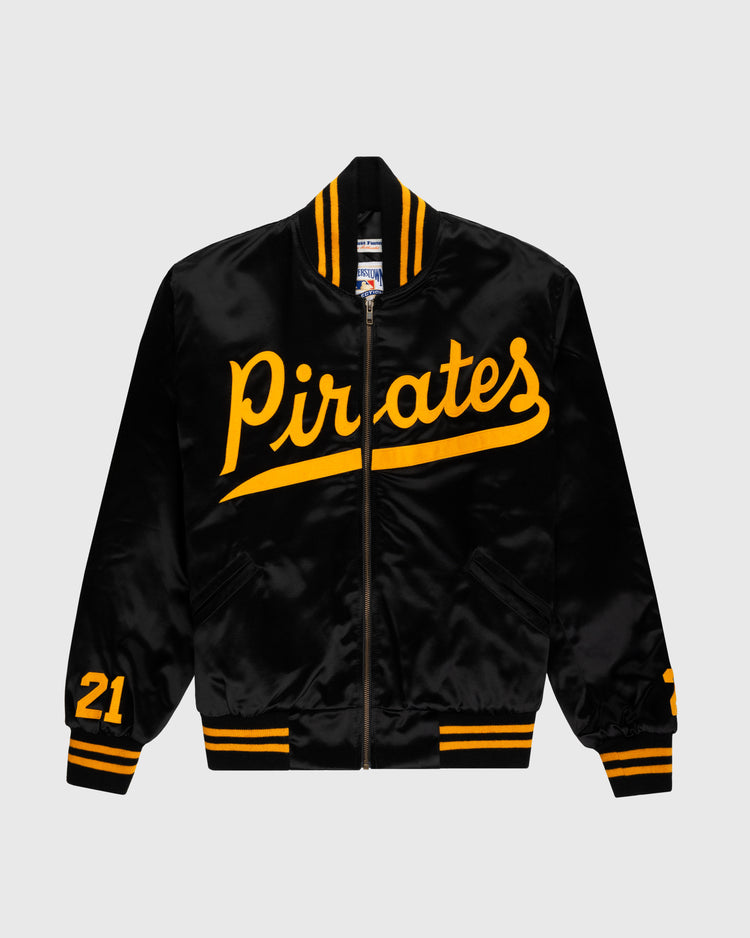 The EFF Roberto Clemente 1970 Authentic All Satin Varsity Jacket features black satin, yellow “Pirates” script, yellow striped trim, and the number 21 on each sleeve—paying tribute to the iconic Pirates jacket.
