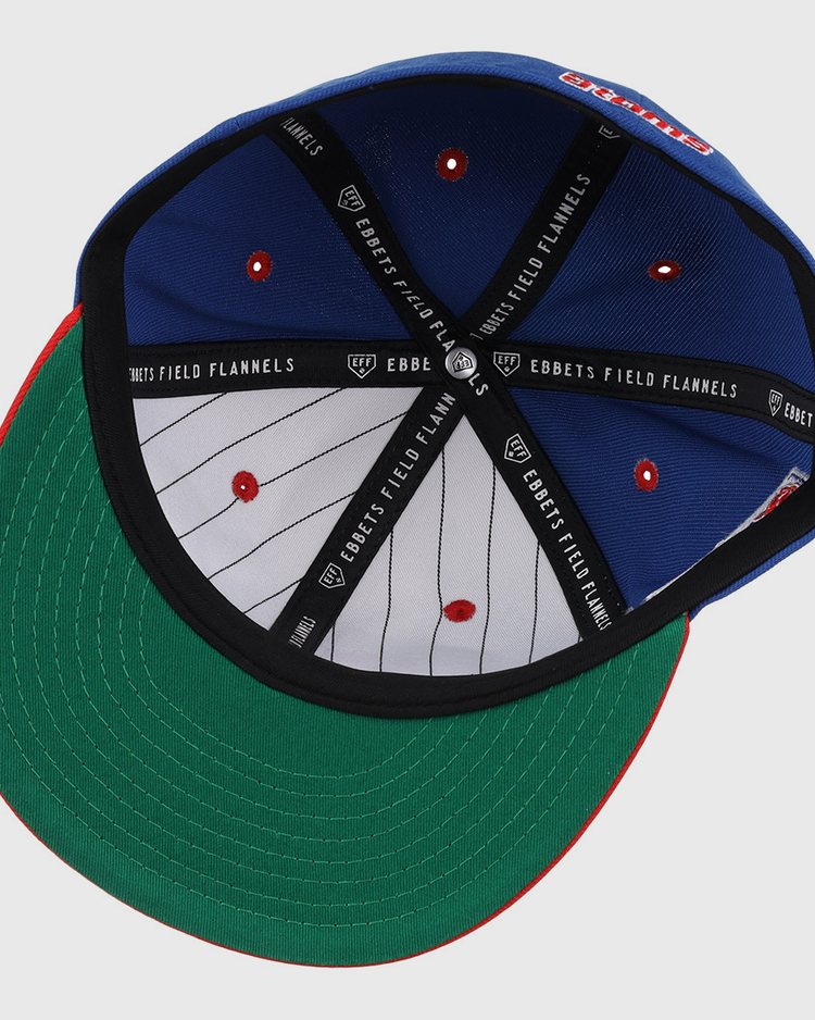 The Sankei Atoms EFF DNA Fitted Ballcap by EFF features a green underbrim, red trim, white pinstriped lining, black Ebbets Field Flannels-branded bands, and red vent dots for a classic vintage look.