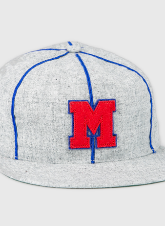 The EFF Southern Methodist University 1941 Vintage Ballcap is a gray genuine wool cap with blue stitching and a bold red M patch on the front, inspired by SMU’s classic 1941 design.