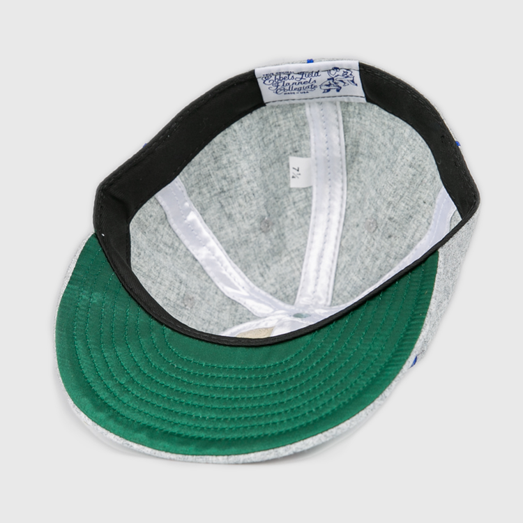 The EFF Southern Methodist University 1941 Vintage Ballcap is a gray genuine wool cap shown from the inside, featuring a green under-visor, black sweatband, white “7 1/4” size tag, and inner lining with decorative logo and stitching.