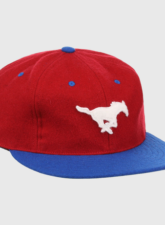 The EFF Southern Methodist University Mascot Vintage Ballcap features a red design with a blue brim and top button plus a white running mustang—perfect for any SMU Mustangs hat collection.