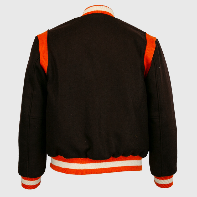The EFF St. Louis Browns 1952 Authentic Jacket is a vintage wool varsity in black, with orange and white striped cuffs, waistband, and collar. Shown from the back, it has bold orange shoulder accents and no visible logos.