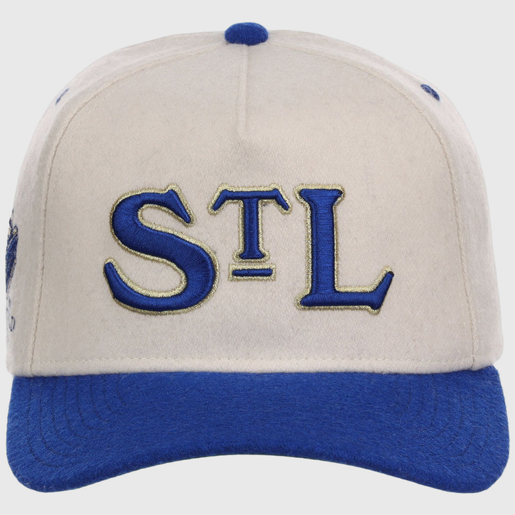 The Ebbets Field St. Louis Stars NLB Ballpark A-Frame Ballcap is white with a blue brim and button, featuring bold blue 